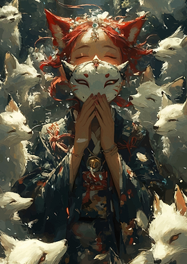 Kitsune Girl with Mask and Foxes