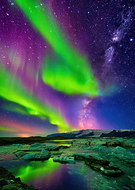 Aurora Borealis over glacial lagoon
