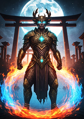 Warrior in Golden Armor with Fiery Aura