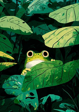 Cute frog peeking from behind leaves