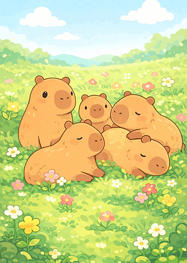 Cute Capybaras in a Flower Field