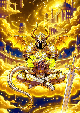Golden Dragon Knight Meditating in Celestial City