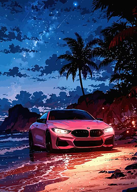 BMW on a Tropical Beach at Night
