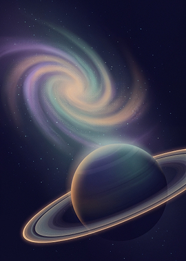Saturn and Nebula in Space