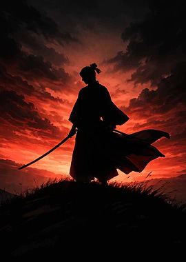 Samurai Silhouette Against Fiery Sunset