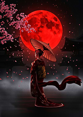 Geisha Under a Blood Moon