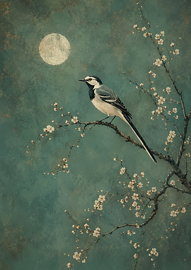 Bird on a blooming branch under the moon