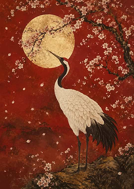 Crane and Cherry Blossoms Under the Moon