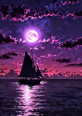 Sailboat under a vibrant moonlit sky