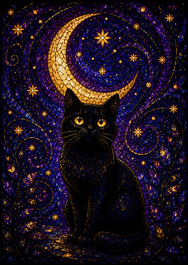 Black Cat Under a Crescent Moon