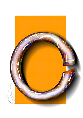 Abstract C-shaped object with swirling patterns