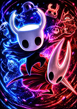 Hollow Knight Characters in Neon Aura