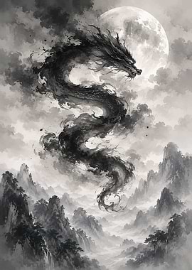 Ink Dragon Ascending in Misty Mountains