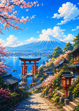 Mount Fuji with Cherry Blossoms and Torii Gate