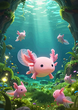 Cute Axolotls in Underwater Garden