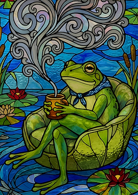 Frog Enjoying Coffee in Stained Glass Style