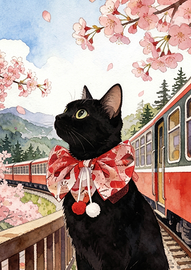 Black Cat with Cherry Blossoms and Train