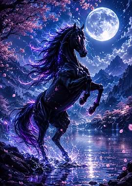 Enchanted Black Horse Under the Moon