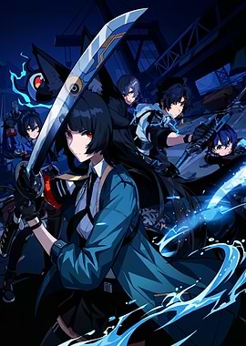 Anime characters with swords and magic