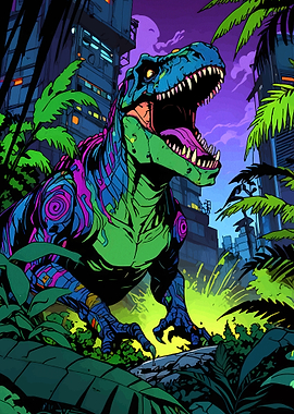 Dinosaur in a Neon Jungle City
