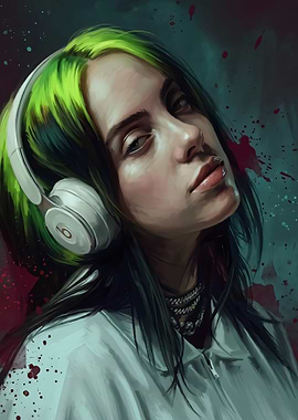 Billie Eilish with Green Hair and Headphones