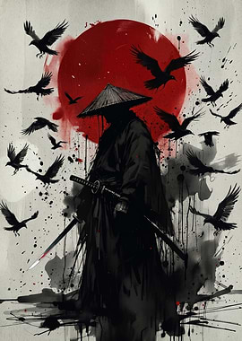 Samurai with Crows and Red Sun