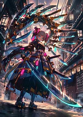 Cyberpunk Samurai Girl with Swords
