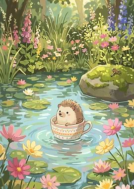 Hedgehog in a teacup on a pond