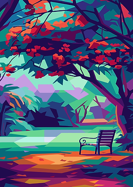 Park Bench Under Colorful Trees