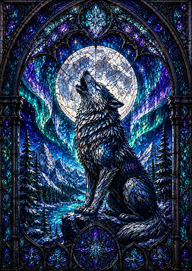 Wolf Howling at the Moon Stained Glass