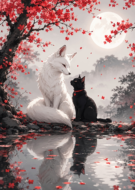 Fox and Cat under Cherry Blossoms