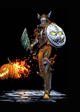 Halloween Warrior with Pumpkin and Flames