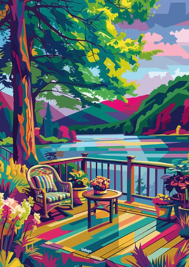 Colorful Lakeside Deck Scene