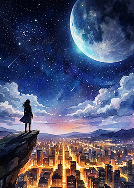 Girl overlooking a city under a starry sky