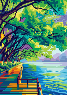 Vibrant Lakeside Boardwalk with Lush Trees