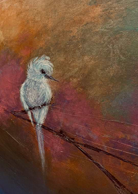 Painting of a white bird on a branch