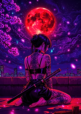 Tattooed Woman Under Red Moon