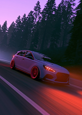 Car Driving Through Forest at Dusk