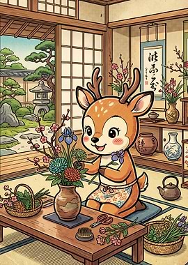 Cute Deer Arranging Flowers in Japanese Garden