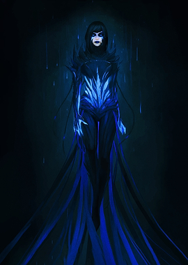 Mysterious Blue Figure in Rain