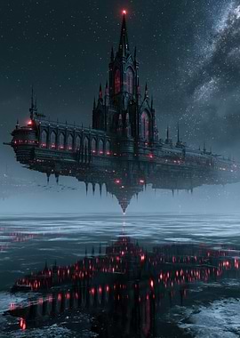 Gothic Spaceship over Reflective Water