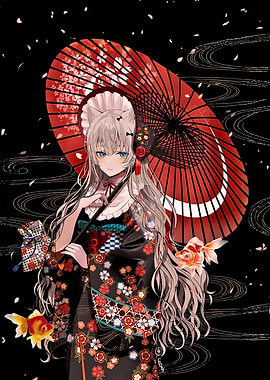 Anime Girl in Kimono with Umbrella and Goldfish