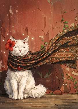 White Cat with Scarf and Flower