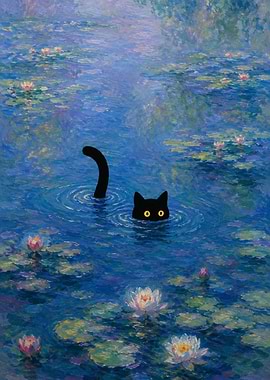 Black Cat in Monet's Water Lilies
