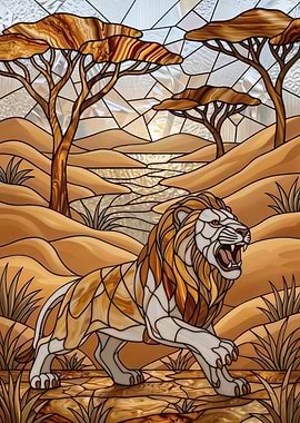 Stained Glass Lion – Roar of the Savannah – Abstract Fantasy #159