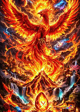 Phoenix Rising from Volcano
