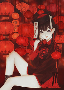 Anime Girl with Red Lanterns
