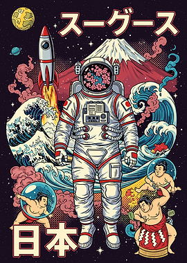 Astronaut in Space with Japanese Elements