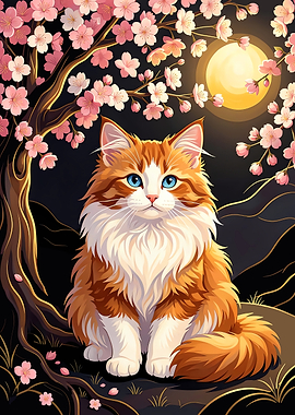 Fluffy Orange Cat Under Cherry Blossoms