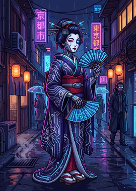 Cyberpunk Geisha with Fans